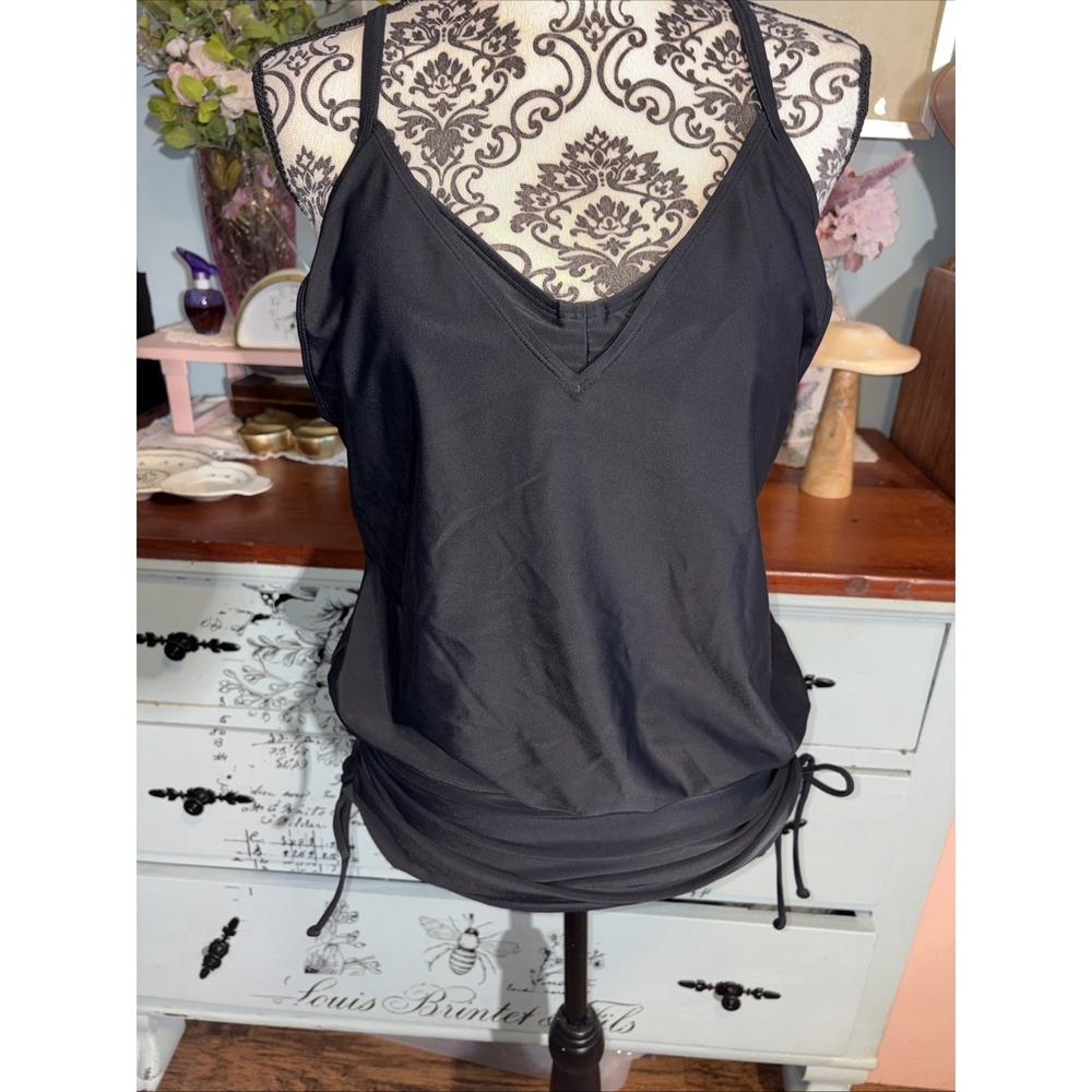 ATHLETA Blousy Tankini Swim Top 36 B/C Black Ruched Sides Underwire Support